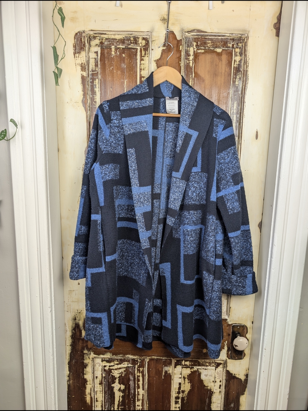 Vintage ZOE Abstract Knit Cardigan Medium Blue Made In Canada Lagenlook Artsy - Picture 2 of 9